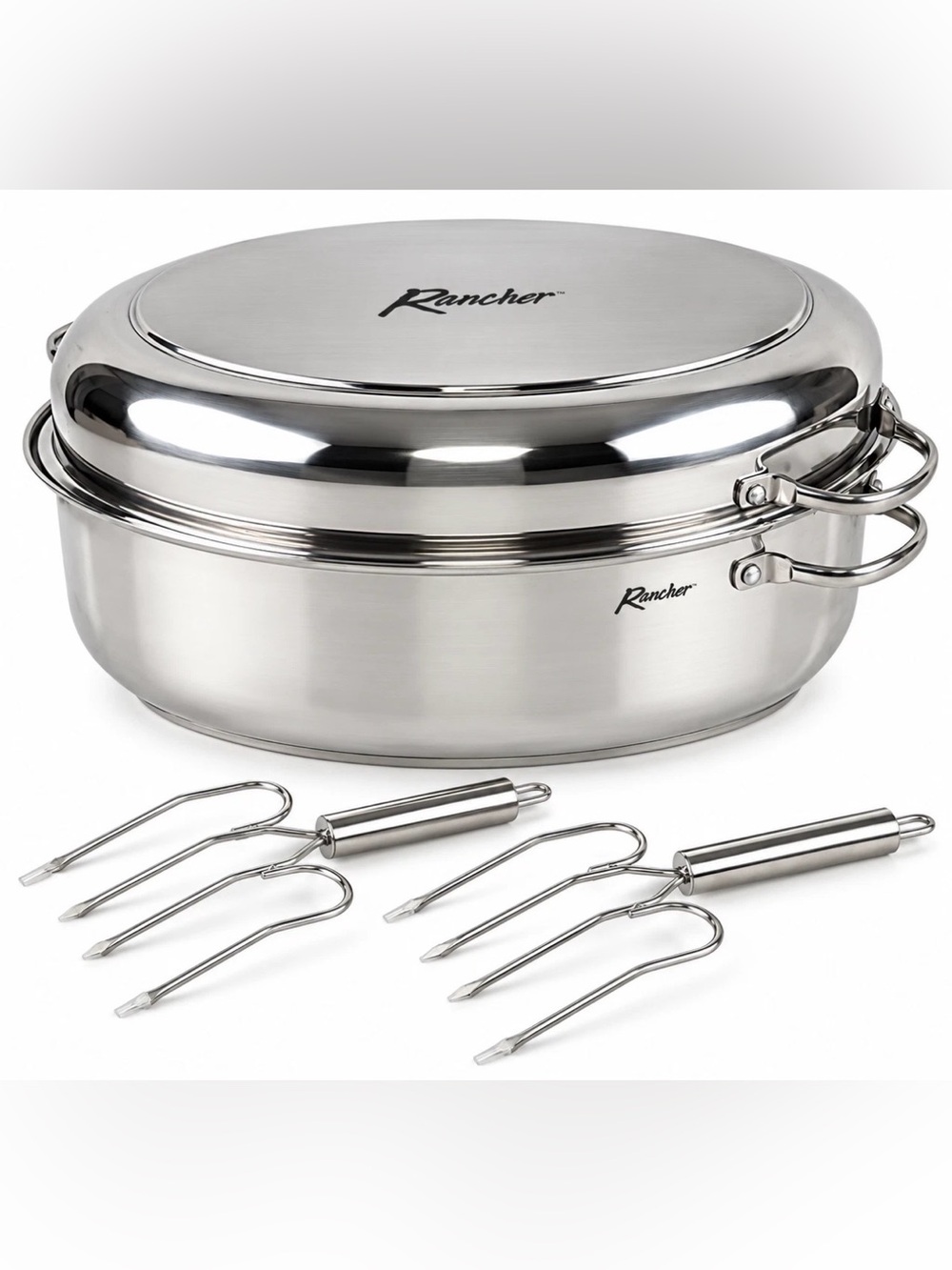 🍗 NEW NIB Rancher Oval Roaster Set 18/10 Stainless Steel M-10002 Rack Lifters🍗